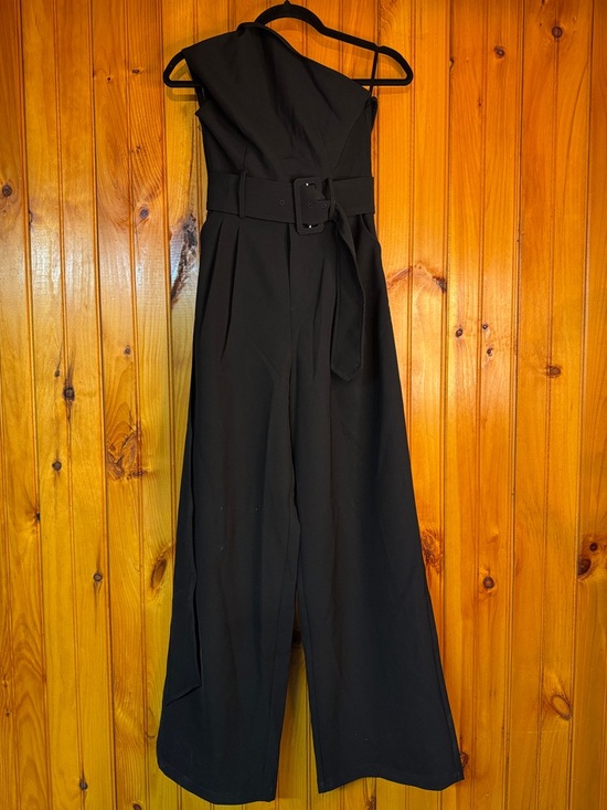 Choosy Pants - Choosy Elegent One-Shoulder Tie Wide-Leg Pant Jumpsuit with Belt,Black